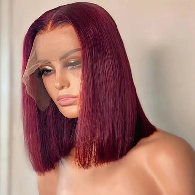 99J Weinrot Kurze Bob Perücke 13x4 Echthaar Lace Front Perücke Brasilianisches Remy Glattes Kurzes Bob Wigs Rote Farbe für Damen Echthaar