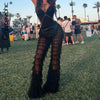 Cryptographic Fashion Tiered Mesh Sheer Flare Pants Rave Festival Outfits for Women Halloween Sexy Pants Streetwear Bottoms