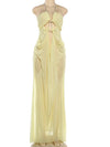 Beyprern Sexy Rhinestone Chain Halter Backless Maxi Dress Women 2026 Summer Cut Out Ruched Club Vestidos Bodycon Long Dresses