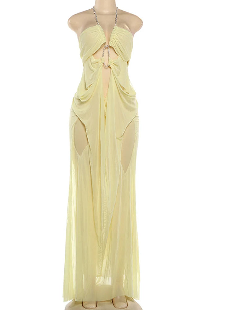 Beyprern Sexy Rhinestone Chain Halter Backless Maxi Dress Women 2026 Summer Cut Out Ruched Club Vestidos Bodycon Long Dresses