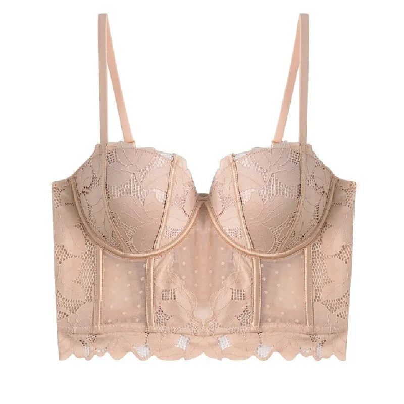 French Ladies Transparent Mesh Corset Sexy Shaper Thin Bra Set Night Club Sweet Cropped Top Girls Hot Bra and Panties Bralette