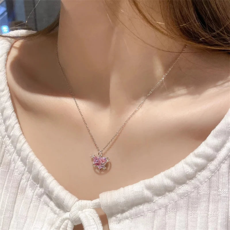 Y2K Rosa Planet Herz Zirkon Anhänger Halsketten Frauen Mode Ästhetische Schlüsselbeinkette Halskette Valentinstag Geschenk Party Schmuck