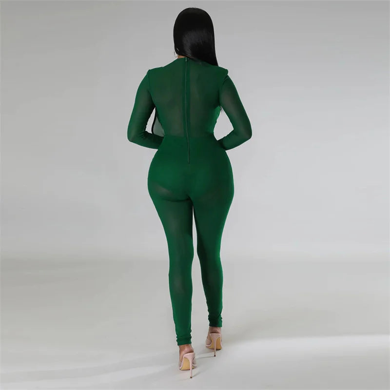 Sexy Mesh Patchwork Transparenter Club-Bodycon-Jumpsuit für Damen, durchsichtiger Einteiler-Overall, Clubwear, Party-, Geburtstagsoutfits