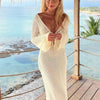 Sexy Women Long Knit Beach Dress Hollow-Out Deep V-Neck Long Sleeve Bikini Cover-Ups Dress Fall Backless Holiday Dress