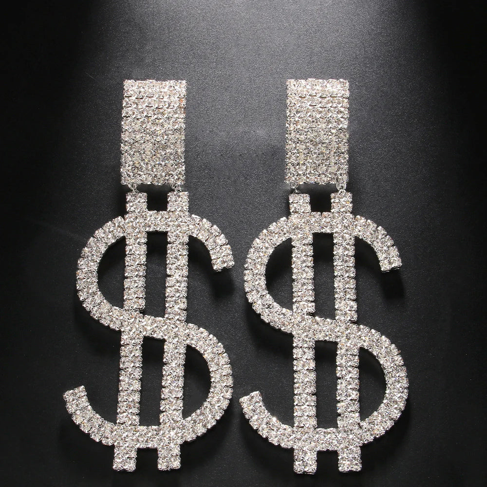 Elegant Large Crystal Exaggerated Dollar Earrings Party Accessories Statement Lady Money Rhinestone Dangle Earrings Jewelry Gift