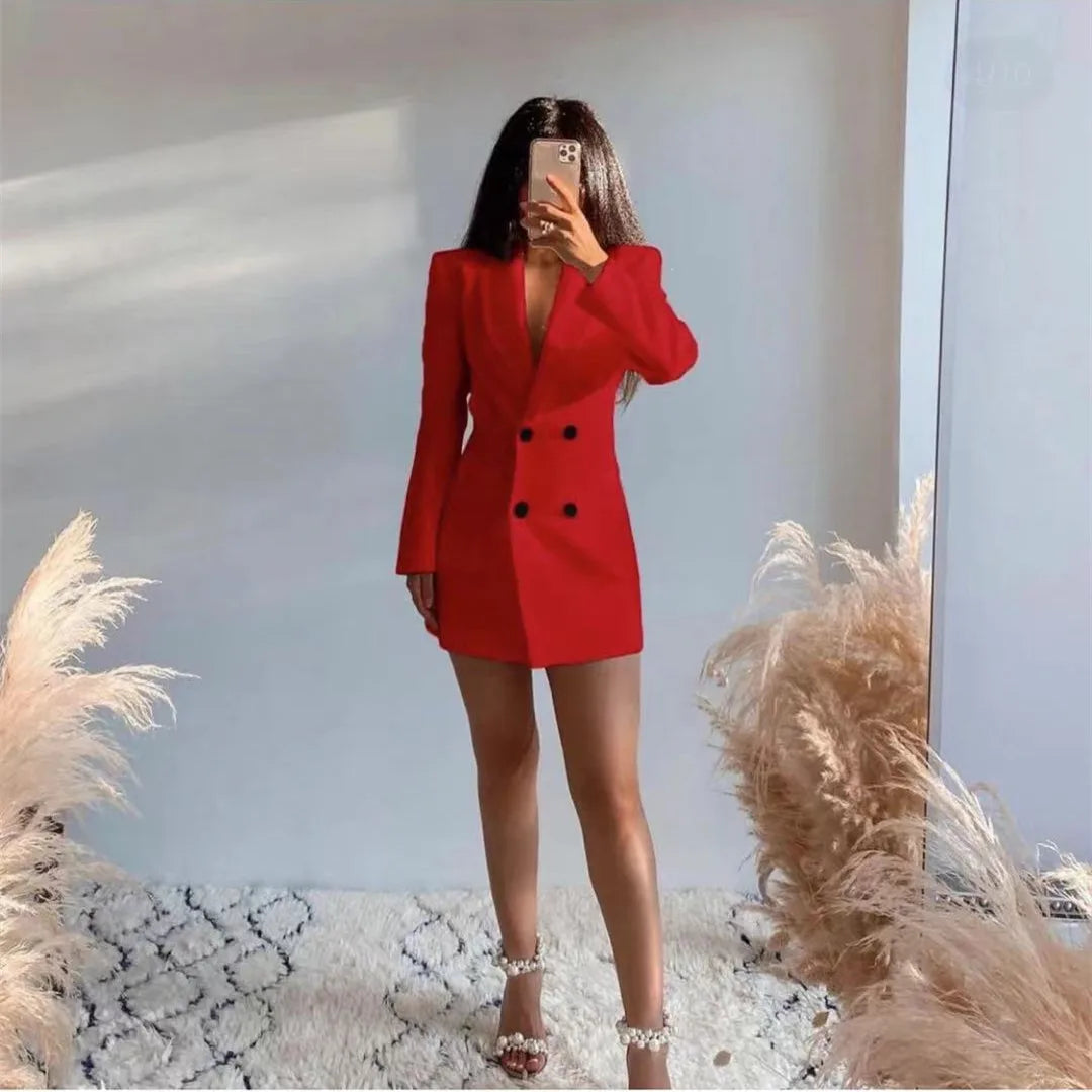 Women Elegant Blazer Solid Double Breasted Backless Long Sleeve Thin Slim Blazers Office Lady Fashion Suits