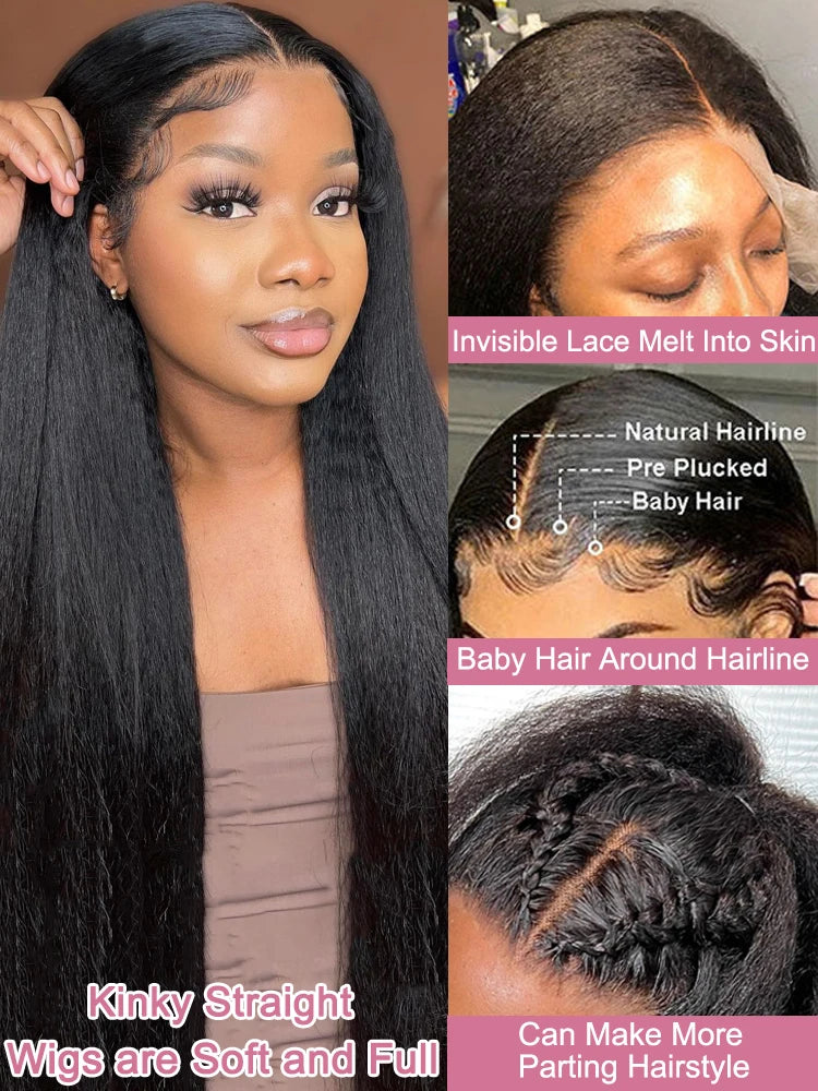 High Density Kinky Straight 360 Lace Front Wigs Human Hair Brazilian 40 Inch Yaki Straight 13x6 HD Lace Frontal Wig Preplucked
