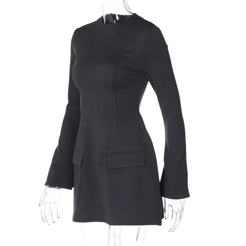 Dulzura Langarm Reißverschluss Bodycon Minikleid mit Taschen Einfarbig Elegantes Outfit Büro Streetwear Damen Herbst Winter Kleidung