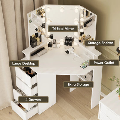 Vabches Eck-Schminktisch mit Beleuchtung, dreifachem Spiegel, Schlafzimmer-Schminktisch mit Steckdosenleiste, 4 Schubladen, Holz-Frisiertisch