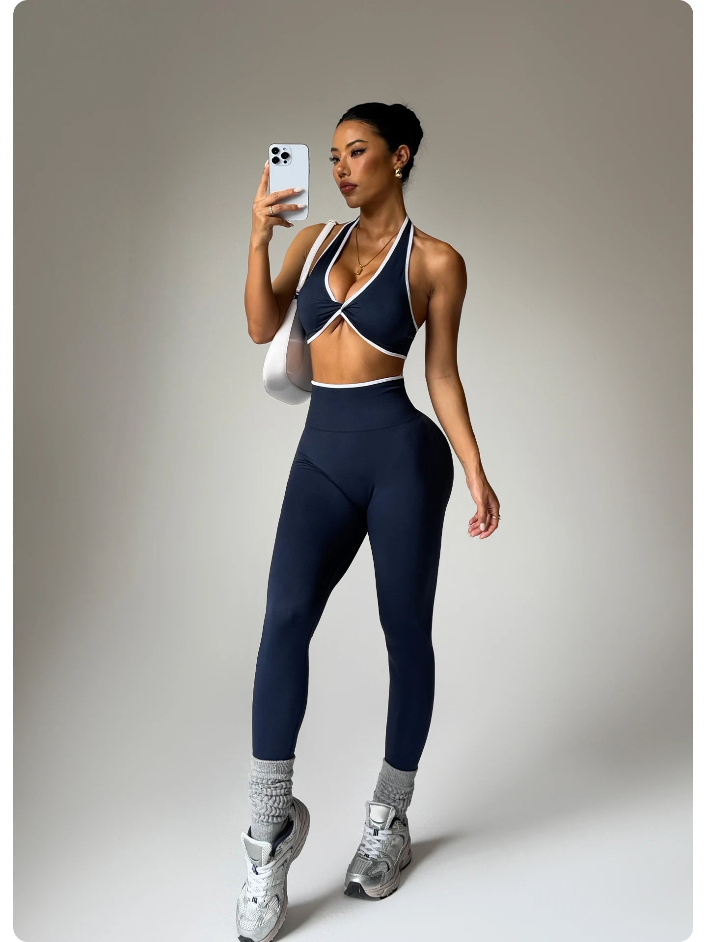 ZHEJIN 2 Piece Yoga Set Women Contrast Trim Halter Sports Bra High Waist Seamless Leggings Gym Workout Set Fitness Activewear Su