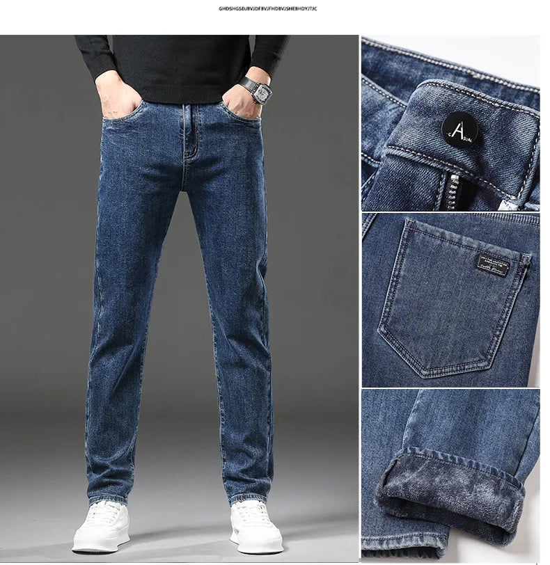 Winter Fleece Dicke Warme Jeans Herren Slim Straight Elastische Denim-Hose Lässige Herrenbekleidung Mode Plüschhose