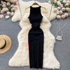 YuooMuoo Women Dress 2025 Summer Elegant Rib Knit Slim Waist Bandage Pencil Dress Office Lady Sleeveless Bodycon Sweater Dress