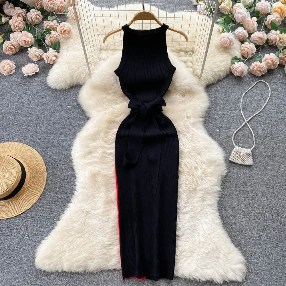 YuooMuoo Women Dress 2025 Summer Elegant Rib Knit Slim Waist Bandage Pencil Dress Office Lady Sleeveless Bodycon Sweater Dress