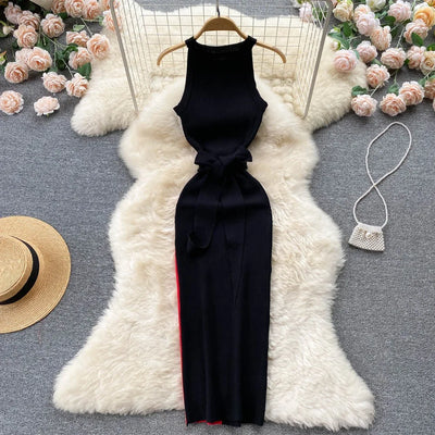 YuooMuoo Women Dress 2025 Summer Elegant Rib Knit Slim Waist Bandage Pencil Dress Office Lady Sleeveless Bodycon Sweater Dress