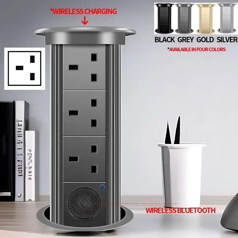 Motorized Lifting Pop Up Tower Power Outlet Hidden Mounted Kitchen Worktop USB Type C Socket with Speaker Wireless Charging