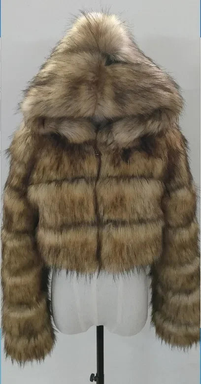 Women Warm Faux Fur Coat Winter Vintage Gradient Jacket Furry Outerwear Jackets Hooded Coats Plus Size Autumn Winter Streetwear