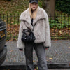 TRAF 2024 Women Fashion Cropped Faux Fur Jacket Coat Long Sleeve Front Snap-button Female Outerwear Chic Lapel Collar Thick Coat