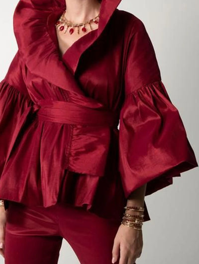 Lässige Puffärmel Rüschen Bluse Büro Damen Uni Farbe Wickelshirts Revers Kragen Elegantes Hemd Damen Mode Weiblich
