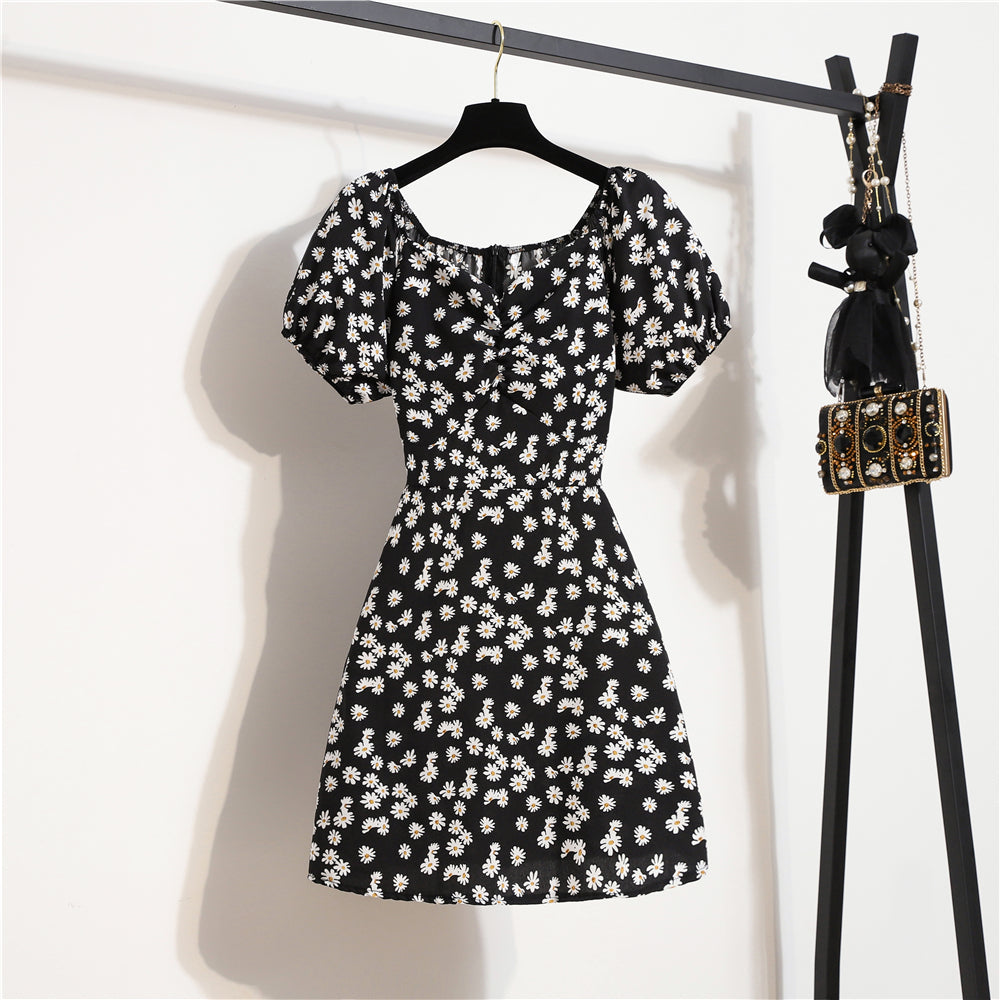 Damen Minikleider Sommer Mode Damenkleider Bedruckte Chiffonkleider mit Blumenmuster, gerafft, plissiert, kurze Puffärmel, Freizeitkleid
