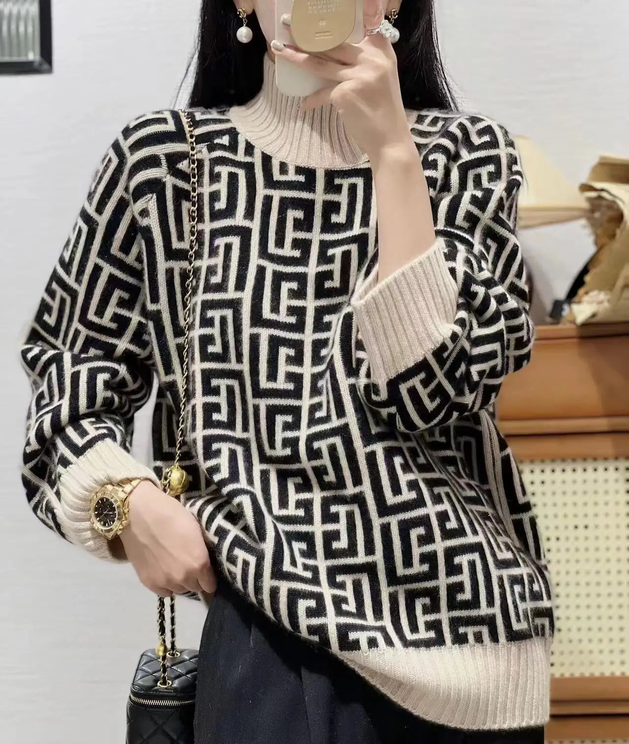 High-End 100% Ziegenwollpullover Damen Stehkragen lockerer Pullover Herbst Winter neuer Stil im Western-Look mit Verjüngungseffekt