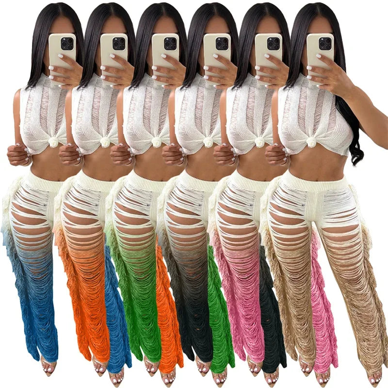 Gradient Color Crochet Two Piece Set for Women Summer Beach Crop Top and Wide Leg Pants Tassel Hollow Out Hole Vacation Outfits
