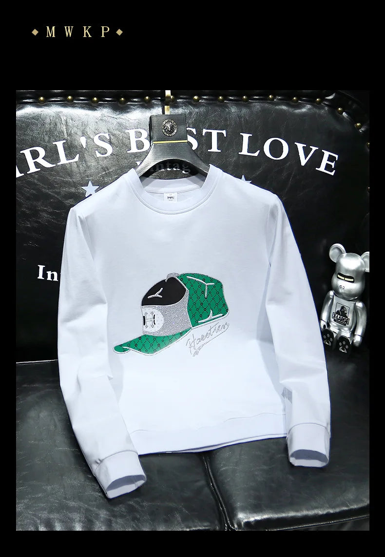 Round Collar Men's Pullover New Male Hoodies Personalized Hat Hot Diamond Print Fashionable Top Youth Bottoming Shirt Clothing