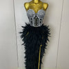 Stock 2025 Women Sexy Sparkly Rhinestone Mesh Feather Long Dress Elegant Evening Party Celebrate Birthday Performance Costume