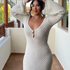 Sexy Women Long Knit Beach Dress Hollow-Out Deep V-Neck Long Sleeve Bikini Cover-Ups Dress Fall Backless Holiday Dress
