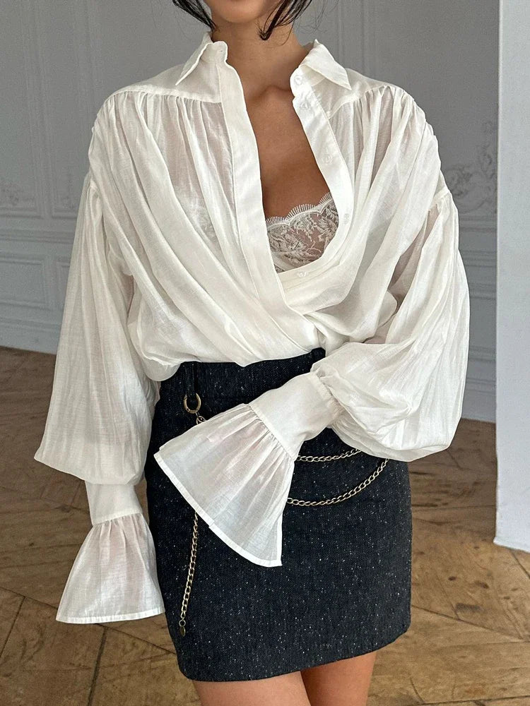 Tossy Lässige lockere durchsichtige Hemden Damen Herbst Revers Langarm Patchwork Bluse Top Streetwear weibliche einfarbige Hemden Top
