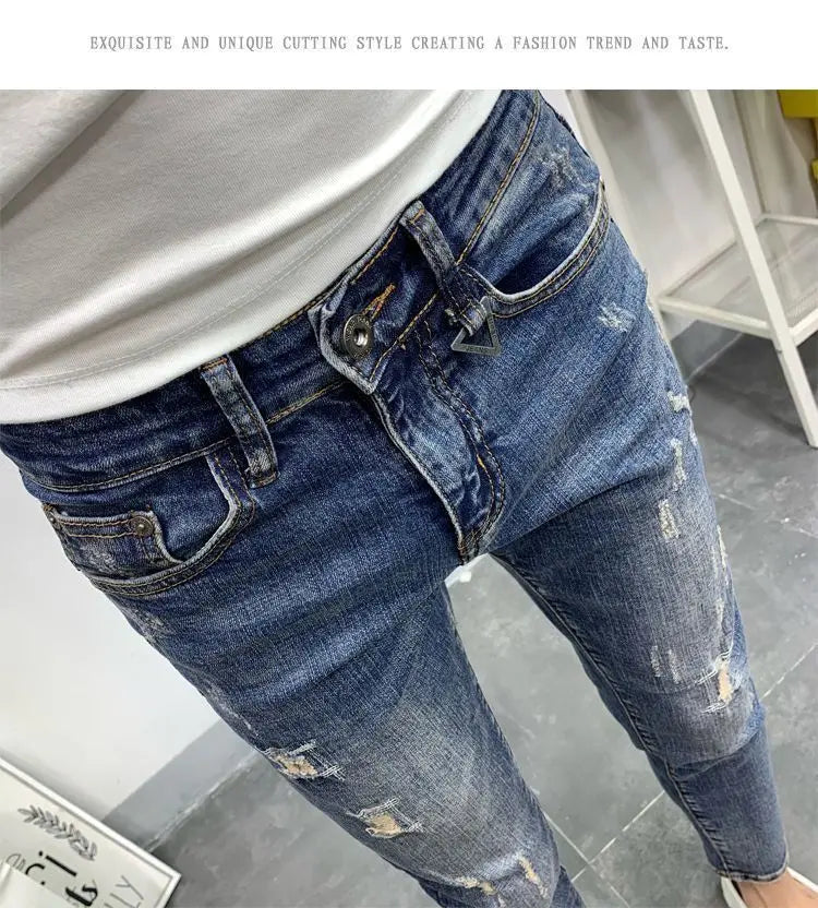 Men's Korean Style Classic Jeans 2023 New Blue Ripped Jeans for Men Fashion Trendy Summer Skinny Ripped Hole Cargo Trousers