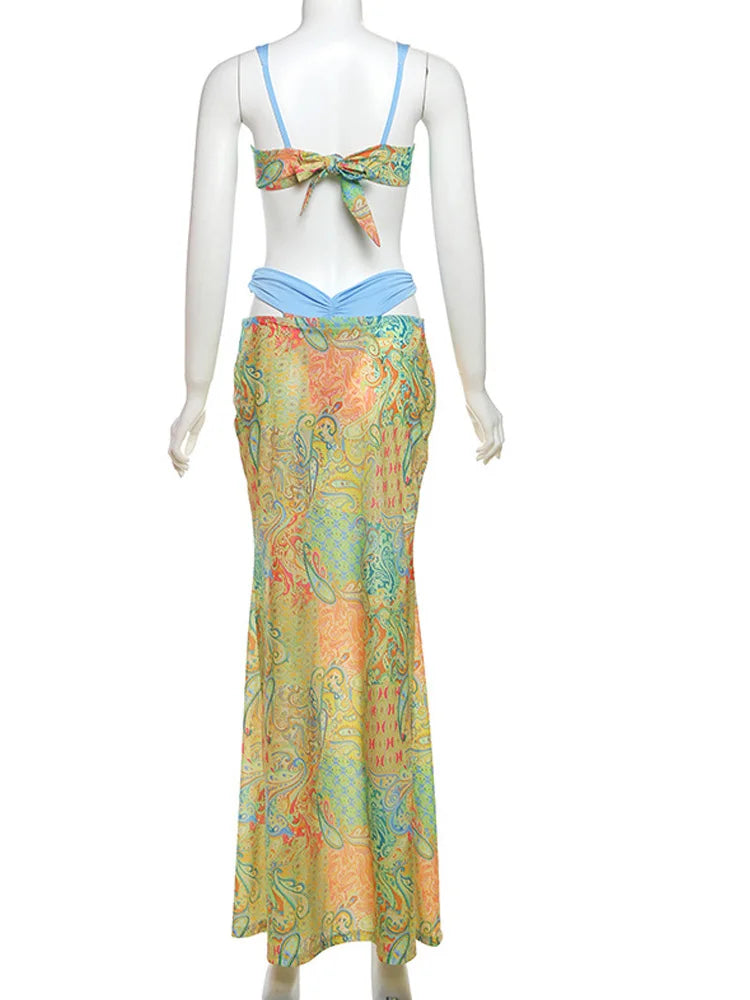 Beyprern Tropical Goddess Floralrock-Set, zweiteiliges Kleid, Urlaubsoutfits, bedrucktes BH-Crop-Top und passendes Set für Damen im Sommer