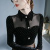 Black Vintage Doll Collar Polka Dot Gold Velvet Top Women's Autumn and Winter Gauze Splicing Perspective Sexy T-shirt
