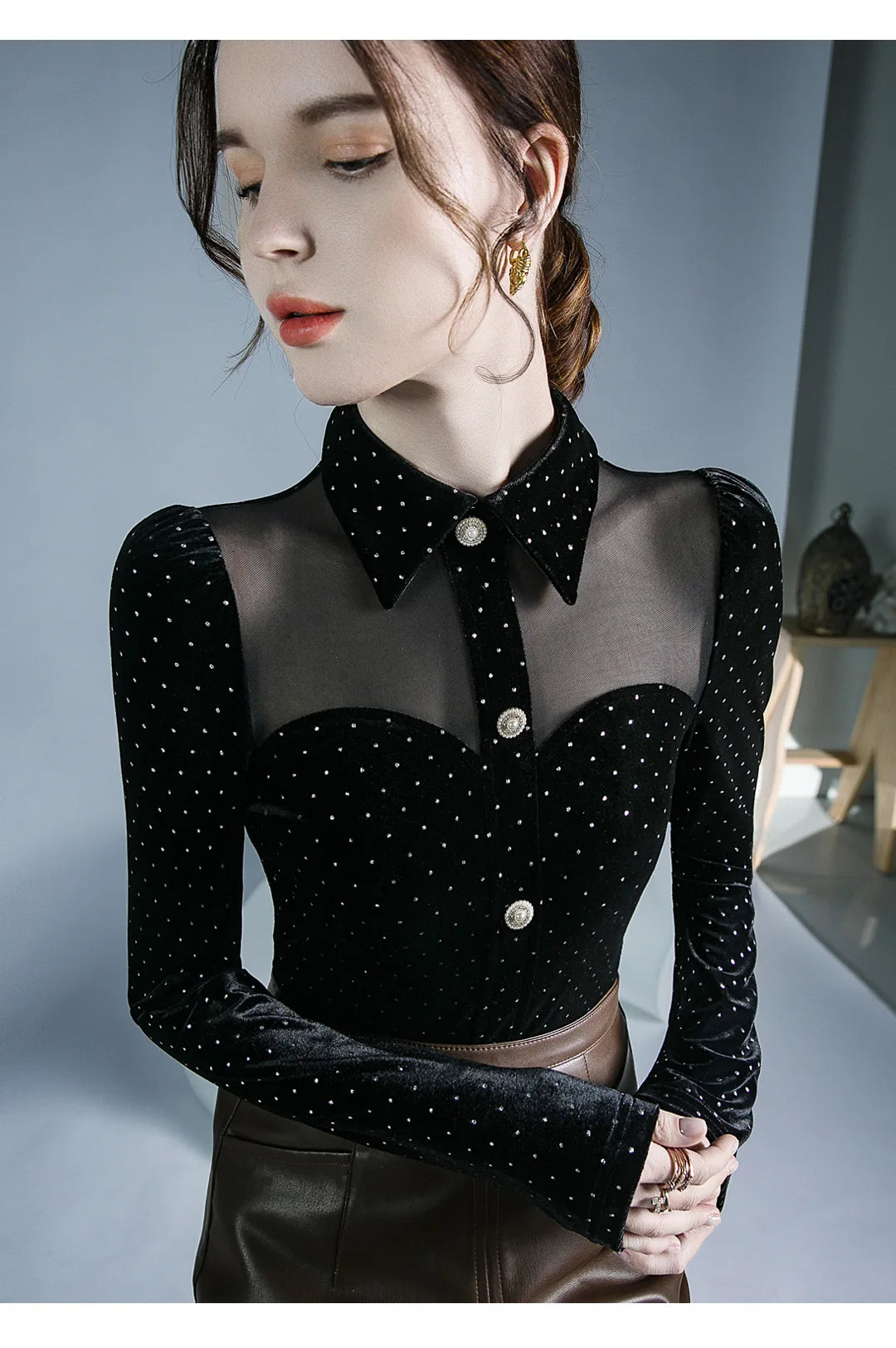 Black Vintage Doll Collar Polka Dot Gold Velvet Top Women's Autumn and Winter Gauze Splicing Perspective Sexy T-shirt