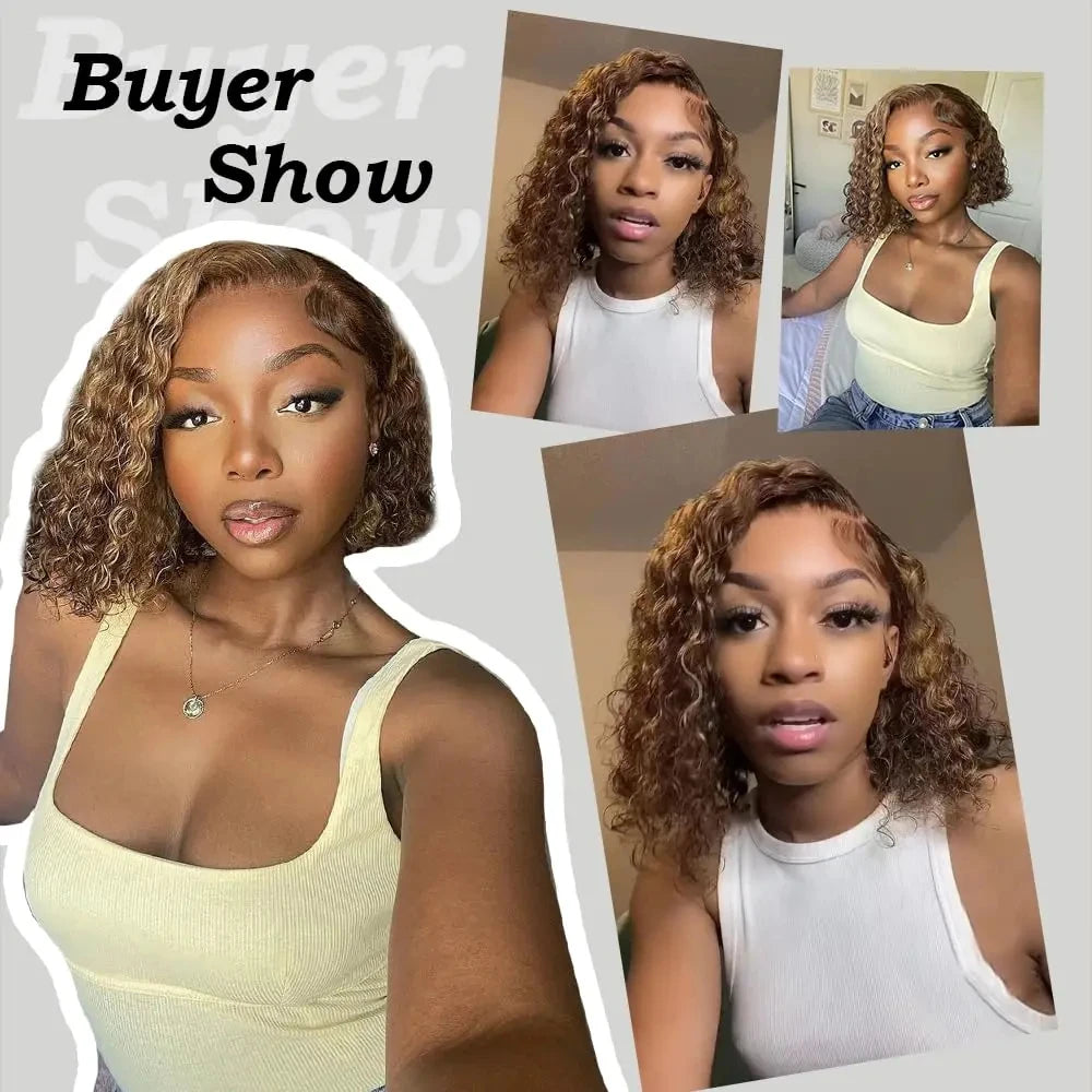 Bob Wig Deep Wave Highlight 13x4 Lace Front Human Hair Wig Honey Brown Blonde Water Wave Ombre 4/27 Transparent Lace Frontal Wig