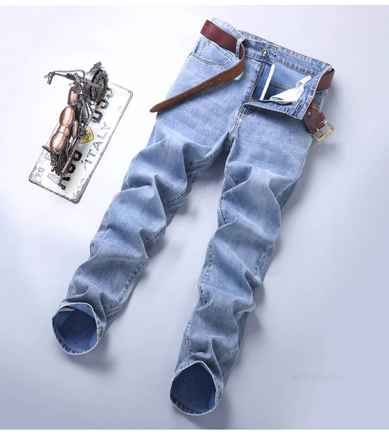 Frühlings Herren Hellblaue Slim Jeans Stylische Lässige Stretch Denim Hose Klassische Chinohose Rauchgrau