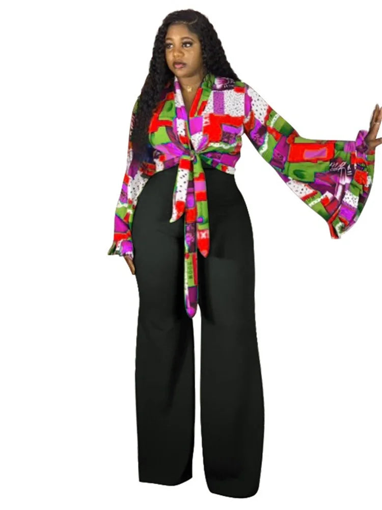 Wmstar Plus Size Two Piece Sets Wholesale Long Sleeve Print Top and Wide Leg Pants Matching Suit Fall Clothing Dropshopping