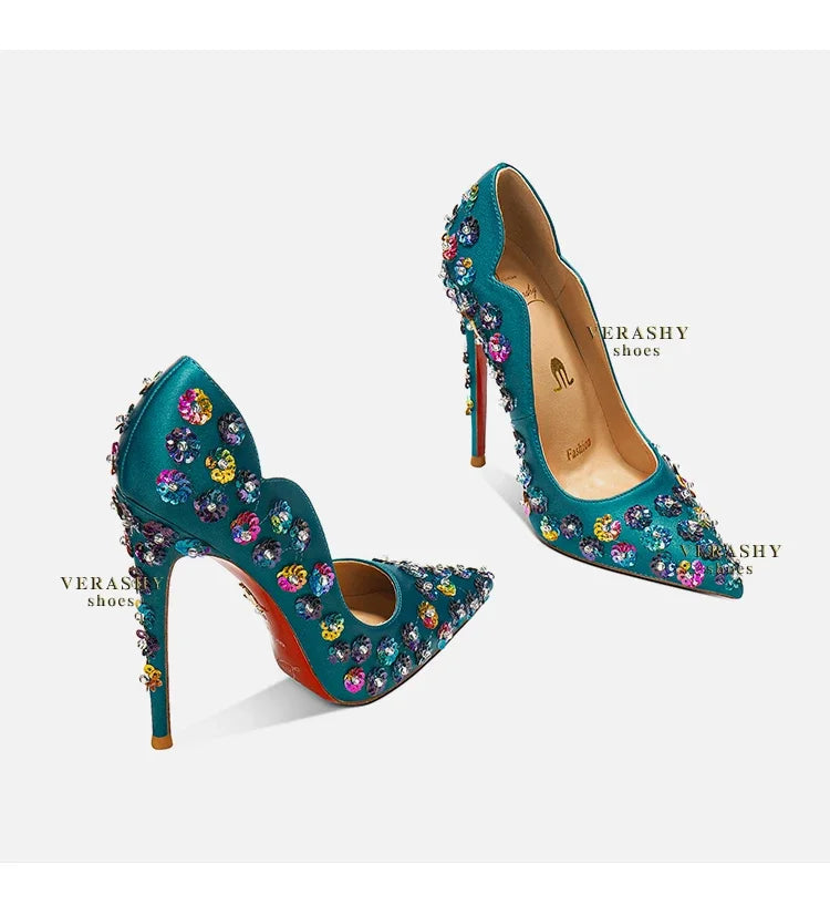 2025 Spring New High Heels Women's Embroidered Beaded Black Sexy Queen's Heel 10-12cm Pointed