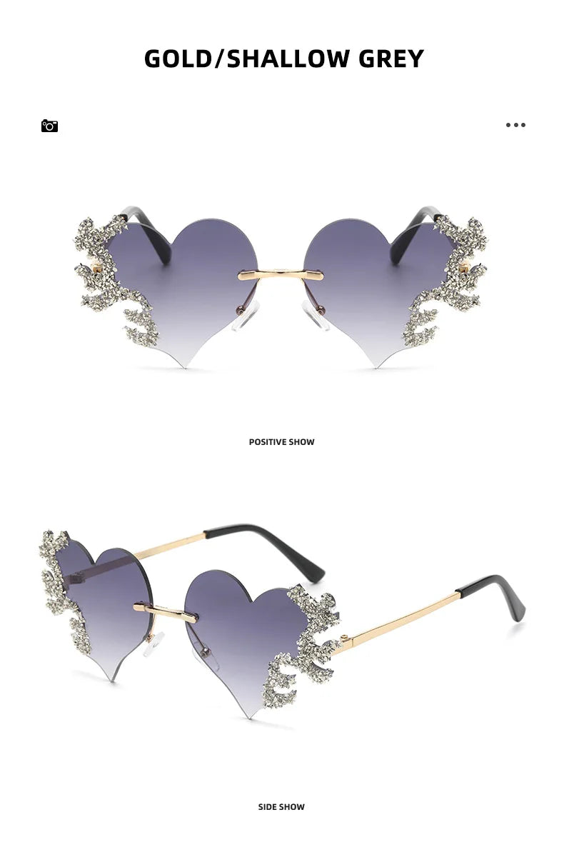 Randlose Sonnenbrille Damen Luxusmarke Strass Sonnenbrille Damen Niedliche Herzform Punk Party Brille очки від сонця женские