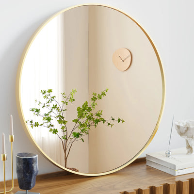 JHK Großer runder Schminkspiegel mit goldenem Rahmen für die Wand, matter Metallrahmen, 30 Zoll, moderner Spiegel, gehärtetes Glas, Schlafzimmer, Wohnzimmer