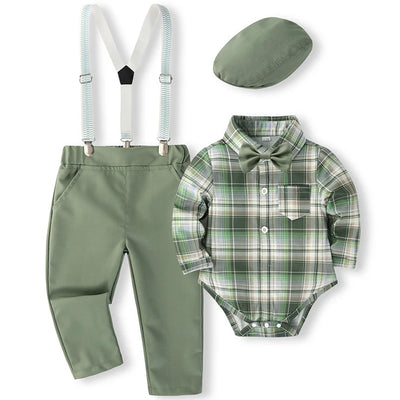 5Piece Spring Boy Clothes Korean Fashion Plaid Long Sleeve Bodysuit+Pants+Tie+Hat+Straps Baby Luxury Clothing Newborn Set BC1683