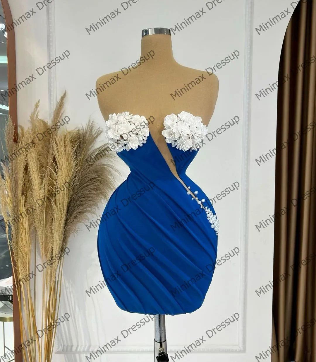 Pretty 3D Flowers Satin Cocktail Dress Sexy Strapless Pearls Mini Prom Party Dresses Custom Made Taffeta Pleated Evening Gowns