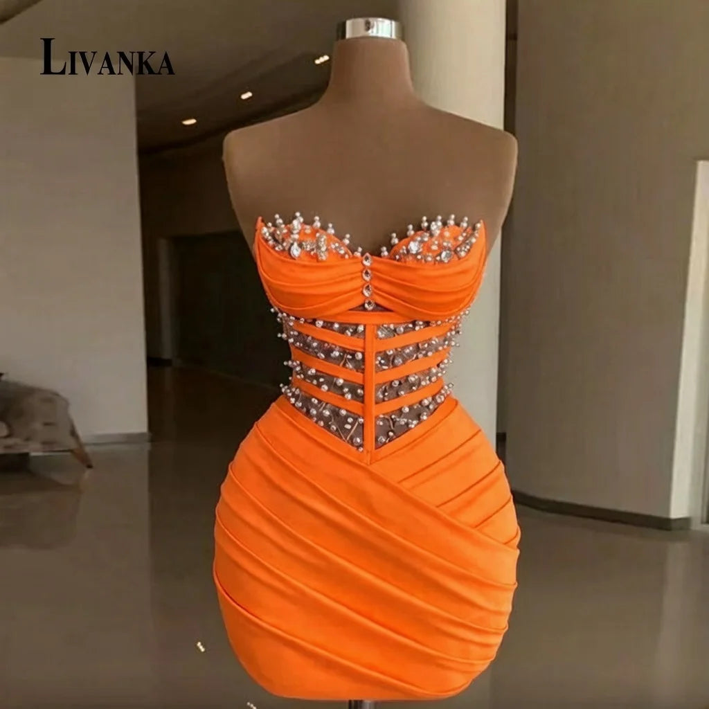 LIVANKA  Fashionable Sheath Homecoming Dresses For Women Pearls Pleat Ruched Satin Vestidos De Festa Customized Plus Size