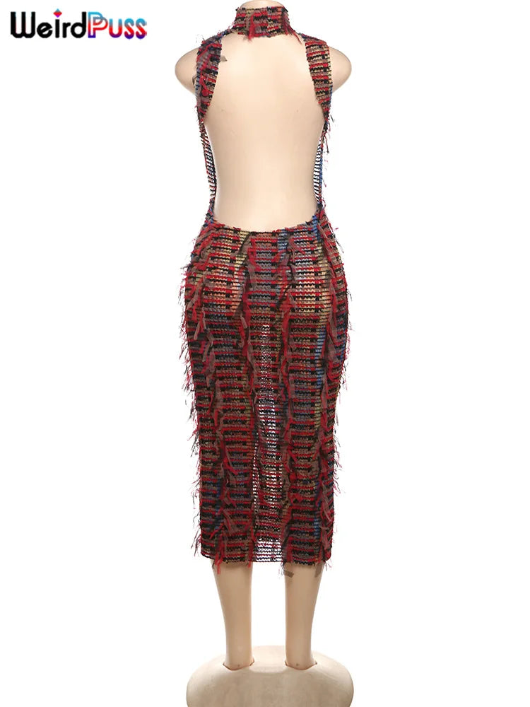 Weird Puss Sexy Hollow Dress Damen Strick Buntes Quasten Backless Y2k Sommer Trend Stretch Ärmellos Elastisch Bodycon Clubwear
