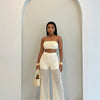 HLJ Casual Crochet Knit Women 2 Piece Outfits Strapless Bandeau Crop Top + Tassel Mesh Wide Leg Pants Matching Streetwear Summer