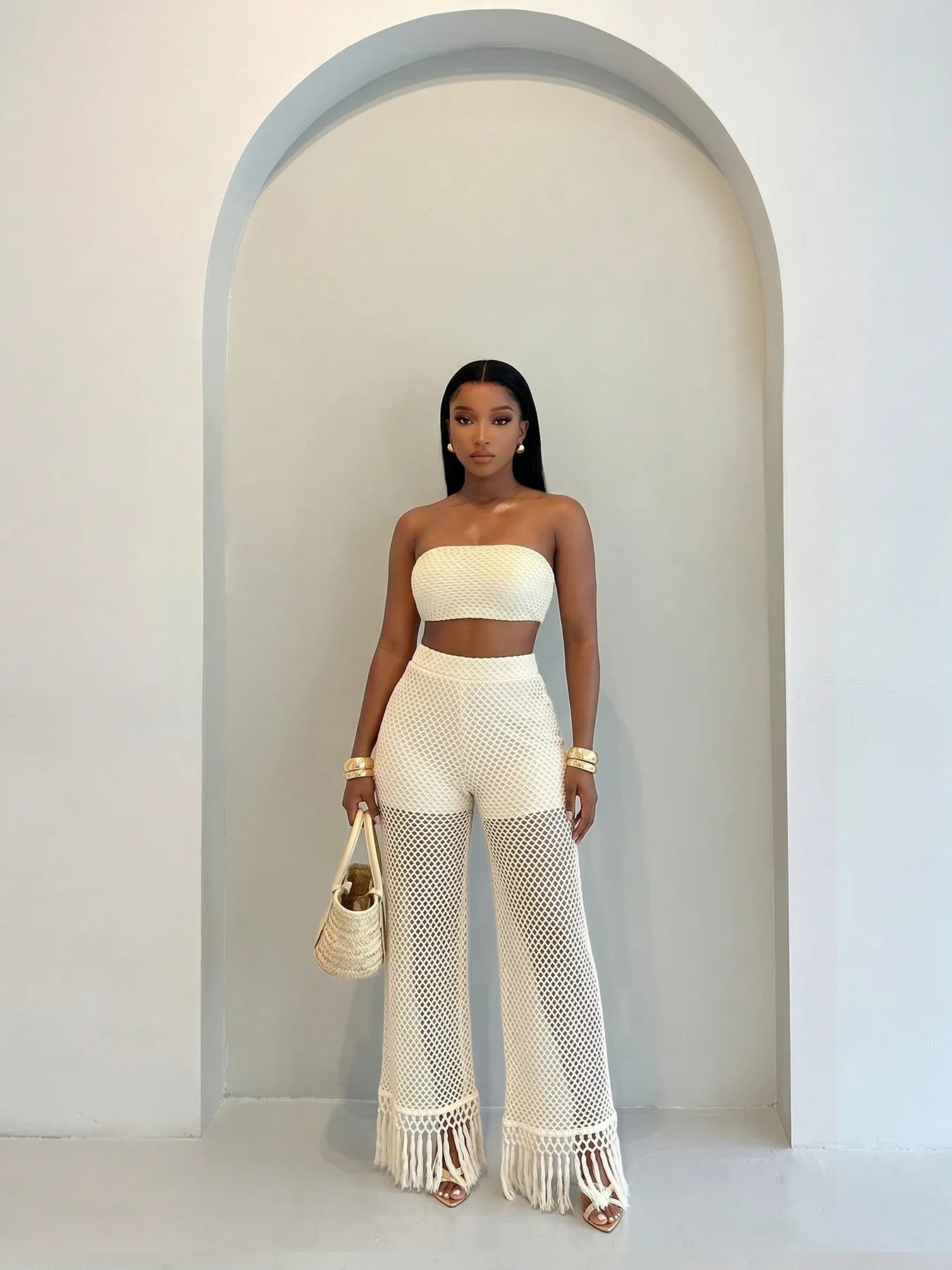 HLJ Casual Crochet Knit Women 2 Piece Outfits Strapless Bandeau Crop Top + Tassel Mesh Wide Leg Pants Matching Streetwear Summer