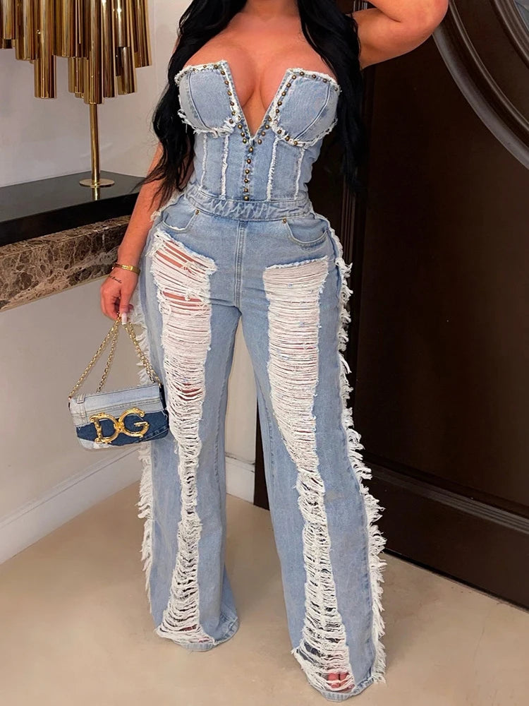 Sibybo Quaste Hollow Out Overalls für Damen Nieten Strass Trägerlos Rückenfrei Jeans Street Fashion Trend Jumpsuit Femme