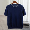Men's T-shirt 2024 Summer New Knitted Tank Top Fashion Color Block Round Neck Pullover Sweater 100% Pure Wool Short sleeved
