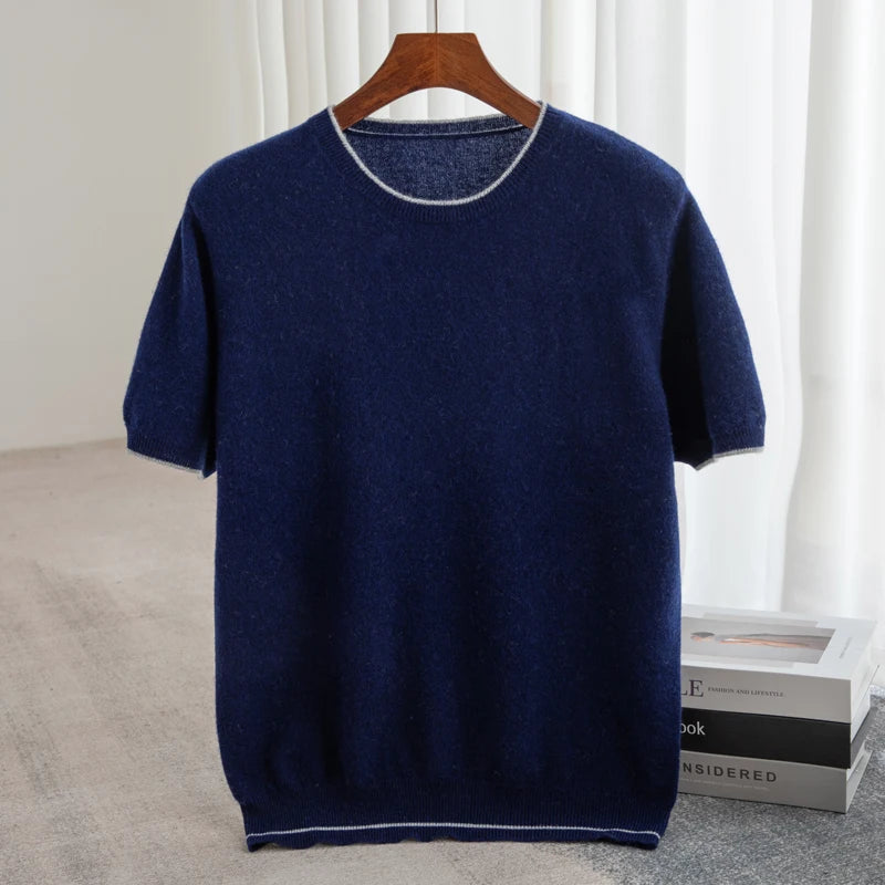 Men's T-shirt 2024 Summer New Knitted Tank Top Fashion Color Block Round Neck Pullover Sweater 100% Pure Wool Short sleeved