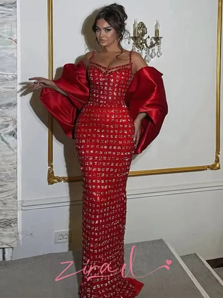 Zira Customized Red Mermaid Evening Dresses With Cape Elegant Beaded Diamonds Party Gowns Customized Engagement Prom Dress