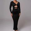 Mozision hollow out long sleeve sexy maxi dress for women fashion solid V neck back split bodycon club long dress elegant